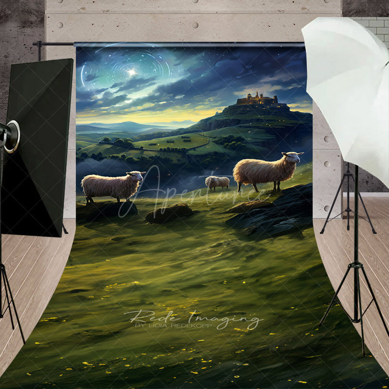 Aperturee Aperturee Nativity Scene Sweep Photo Backdrop Shepherds and Sheep Watching Star of Bethlehem Religious Christmas Prop
