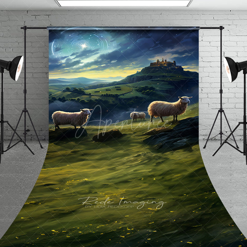 Aperturee Aperturee Nativity Scene Sweep Photo Backdrop Shepherds and Sheep Watching Star of Bethlehem Religious Christmas Prop