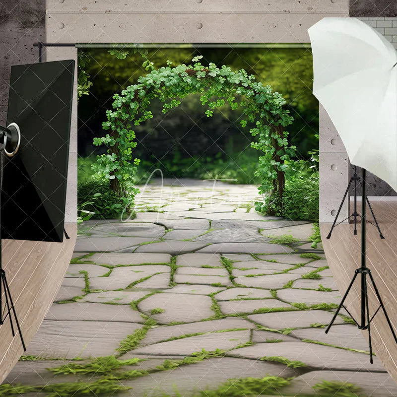 Aperturee - Aperturee Natural Green Clover Archway and Stone Pathway Sweep Backdrop Rustic Garden Photography Prop
