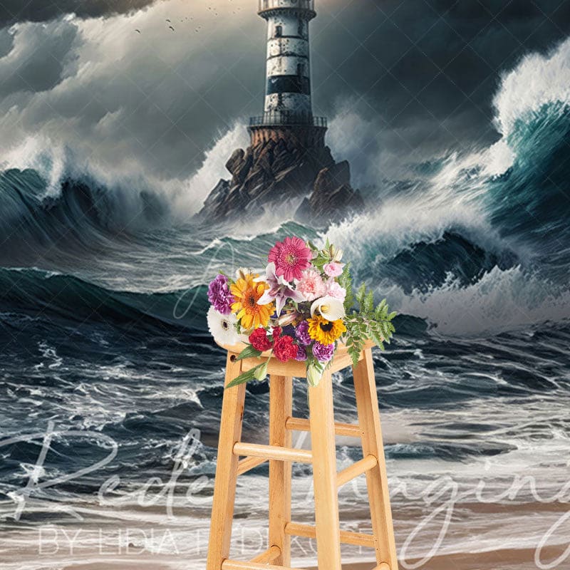 Aperturee - Aperturee Natural Ocean Waves Stormy Lighthouse Photo Backdrop