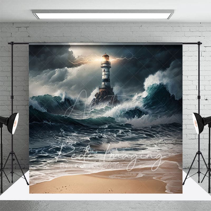 Aperturee - Aperturee Natural Ocean Waves Stormy Lighthouse Photo Backdrop