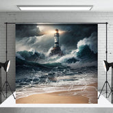 Aperturee - Aperturee Natural Ocean Waves Stormy Lighthouse Photo Backdrop