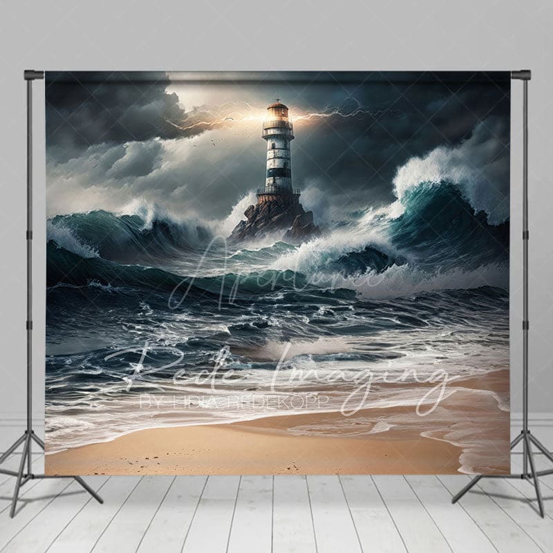Aperturee - Aperturee Natural Ocean Waves Stormy Lighthouse Photo Backdrop