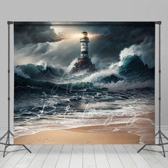 Aperturee - Aperturee Natural Ocean Waves Stormy Lighthouse Photo Backdrop