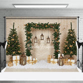 Aperturee - Aperturee Natural Rustic Christmas Arch Photography Backdrop Garland with Lanterns and Presents Holiday Photo Background