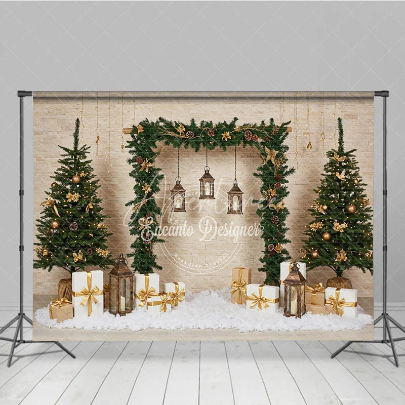 Aperturee - Aperturee Natural Rustic Christmas Arch Photography Backdrop Garland with Lanterns and Presents Holiday Photo Background