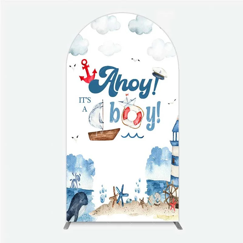 Aperturee - Aperturee Nautical Ahoy It is a Boy Arch Backdrop Whale Lighthouse and Anchor Baby Shower Decoration