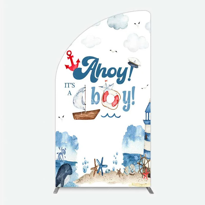 Aperturee - Aperturee Nautical Ahoy It is a Boy Half Moon Arch Backdrop Whale Lighthouse and Anchor Baby Shower Decoration