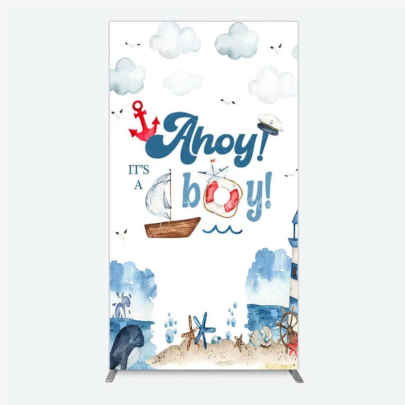 Aperturee - Aperturee Nautical Ahoy It is a Boy Rectangle Backdrop Whale Lighthouse and Anchor Baby Shower Decoration