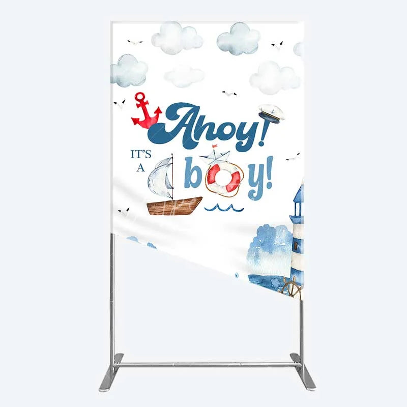 Aperturee - Aperturee Nautical Ahoy It is a Boy Rectangle Backdrop Whale Lighthouse and Anchor Baby Shower Decoration