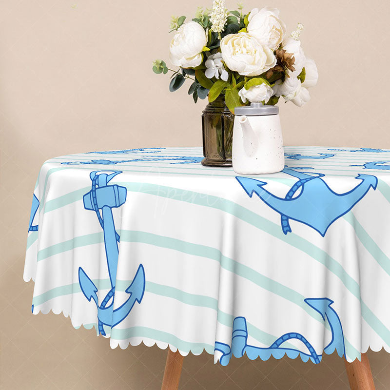 Aperturee - Aperturee Nautical Blue and White Stripe Round Tablecloth with Anchors for Coastal and Sailor Themed Party Decor