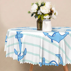 Aperturee - Aperturee Nautical Blue and White Stripe Round Tablecloth with Anchors for Coastal and Sailor Themed Party Decor