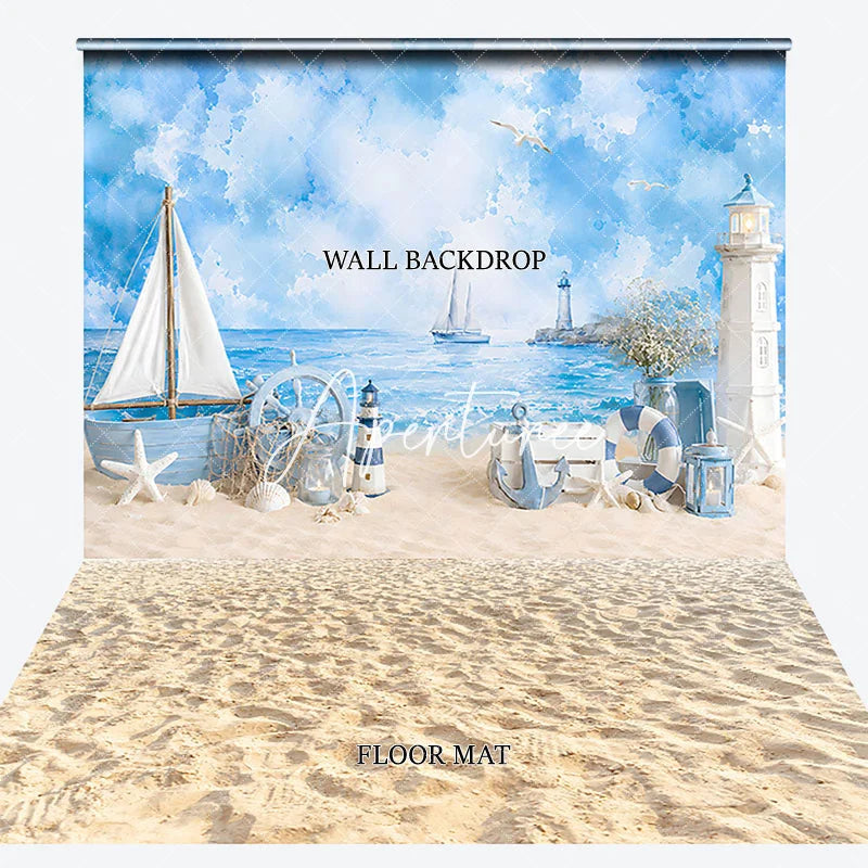 Aperturee - Aperturee Nautical Blue Ocean Beach Combo Set Backdrop with Sailboat Lighthouse Anchor for Summer Party Decor.