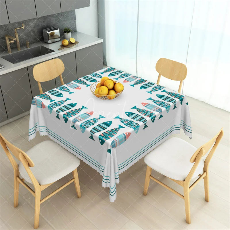 Aperturee - Aperturee Nautical Colorful Fish Border Rectangle Tablecloth Coastal Summer Dining Table Cover for Beach Party