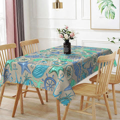 Aperturee - Aperturee Nautical Ocean Theme Rectangle Tablecloth Blue Teal Starfish Seahorse Anchor Marine Dining Table Cover for Summer