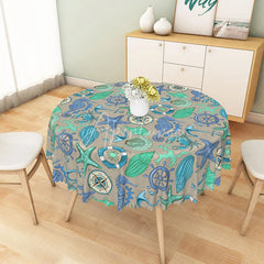 Aperturee - Aperturee Nautical Seahorse and Anchor Pattern Round Tablecloth Coastal Beach House Dining Decor