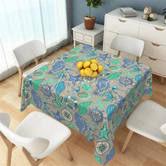 Aperturee - Aperturee Nautical Teal Sea Life Rectangle Tablecloth Seahorse and Starfish Beach Pattern Table Cover