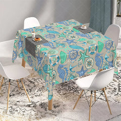 Aperturee - Aperturee Nautical Teal Sea Life Rectangle Tablecloth Seahorse and Starfish Beach Pattern Table Cover