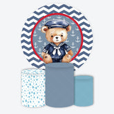 Aperturee - Aperturee Nautical Teddy Bear Round Backdrop Kit Sailor Themed with Anchor and Chevron for Boy Baby Shower or Birthday