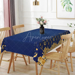 Aperturee - Aperturee Navy Blue and Gold Ramadan Lanterns Rectangle Tablecloth Islamic Mosque Crescent Moon Table Cover for Eid