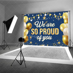 Aperturee - Aperturee Navy Blue and Gold We Are So Proud of You Backdrop Graduation Party Balloons Banner