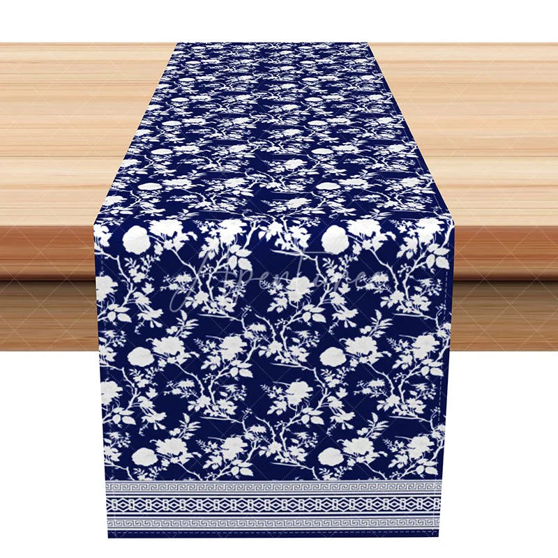 Aperturee - Aperturee Navy Blue and White Floral Silhouette Table Runner Greek Key Border Modern Farmhouse Dining Decor