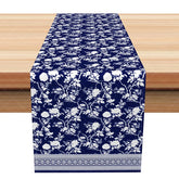 Aperturee - Aperturee Navy Blue and White Floral Silhouette Table Runner Greek Key Border Modern Farmhouse Dining Decor