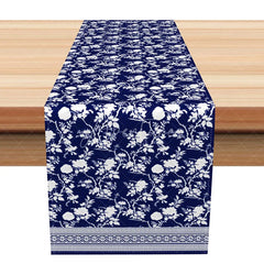 Aperturee - Aperturee Navy Blue and White Floral Silhouette Table Runner Greek Key Border Modern Farmhouse Dining Decor