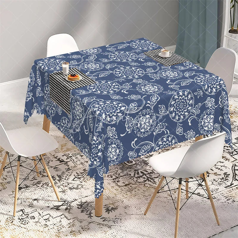 Aperturee - Aperturee Navy Blue and White Mandala Floral Rectangle Tablecloth Ornate Bohemian Pattern Table Cover