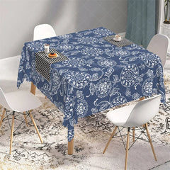 Aperturee - Aperturee Navy Blue and White Mandala Floral Rectangle Tablecloth Ornate Bohemian Pattern Table Cover