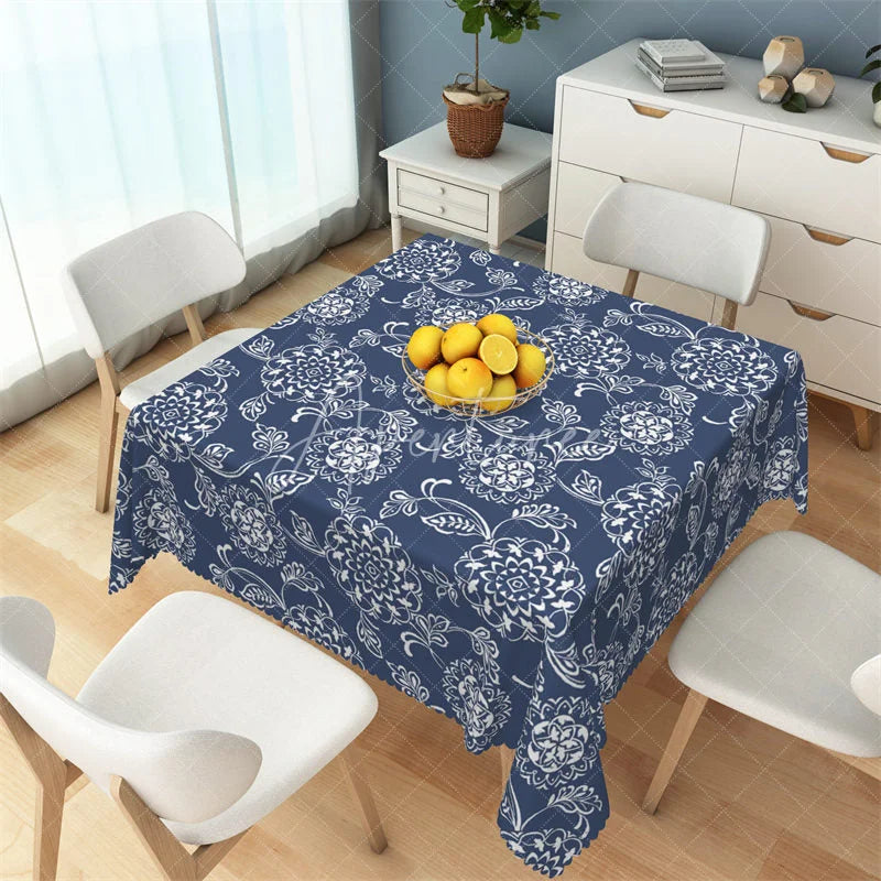 Aperturee - Aperturee Navy Blue and White Mandala Floral Rectangle Tablecloth Ornate Bohemian Pattern Table Cover