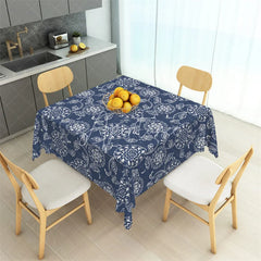 Aperturee - Aperturee Navy Blue and White Mandala Floral Rectangle Tablecloth Ornate Bohemian Pattern Table Cover