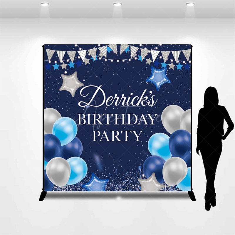 Aperturee - Aperturee Navy Blue Balloon Custom Name Birthday Party Backdrop