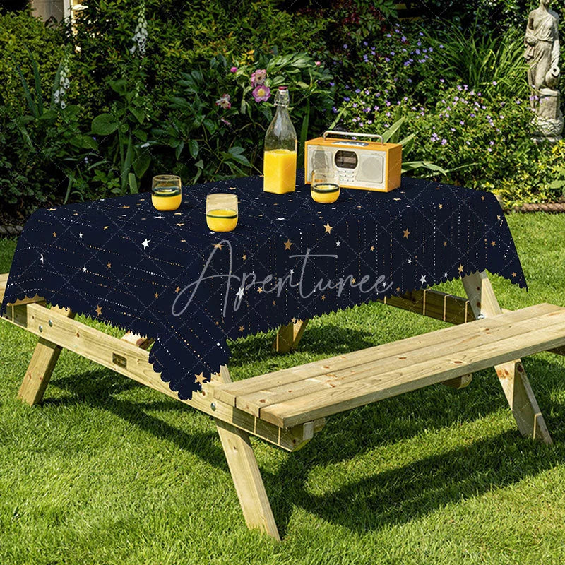 Aperturee - Aperturee Navy Blue Celestial Rectangle Tablecloth with Gold Stars Elegant Modern Starry Night Party Dining Decor