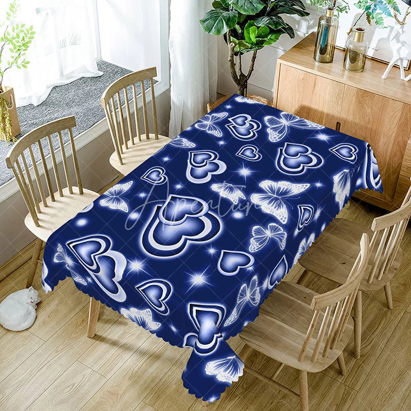 Aperturee - Aperturee Navy Blue Glowing Heart Butterfly Rectangle Tablecloth Neon Light Effect Pattern Modern Romantic Dining Decor