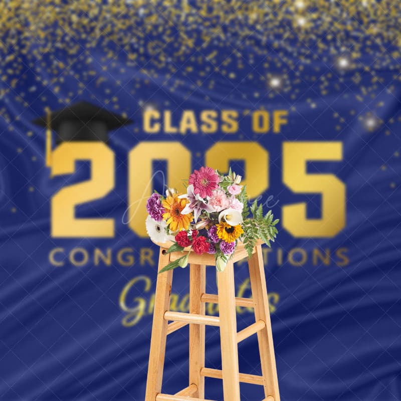 Aperturee - Aperturee Navy Blue Gold Glitter Congratulations Grad Backdrop
