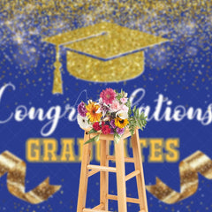 Aperturee - Aperturee Navy Blue Gold Glitter Ribbons Congrats Grad Backdrop