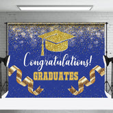 Aperturee - Aperturee Navy Blue Gold Glitter Ribbons Congrats Grad Backdrop