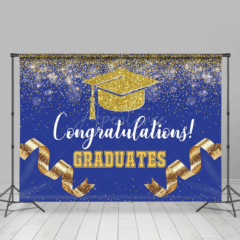 Aperturee - Aperturee Navy Blue Gold Glitter Ribbons Congrats Grad Backdrop