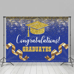 Aperturee - Aperturee Navy Blue Gold Glitter Ribbons Congrats Grad Backdrop