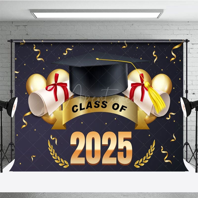 Aperturee - Aperturee Navy Blue Gold Ribbons Cap Congrats Grad Backdrop