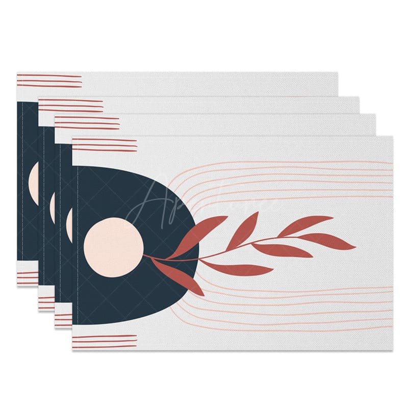 Aperturee - Aperturee Navy Blue Grey Red Leaf Lines Set Of 4 Placemats