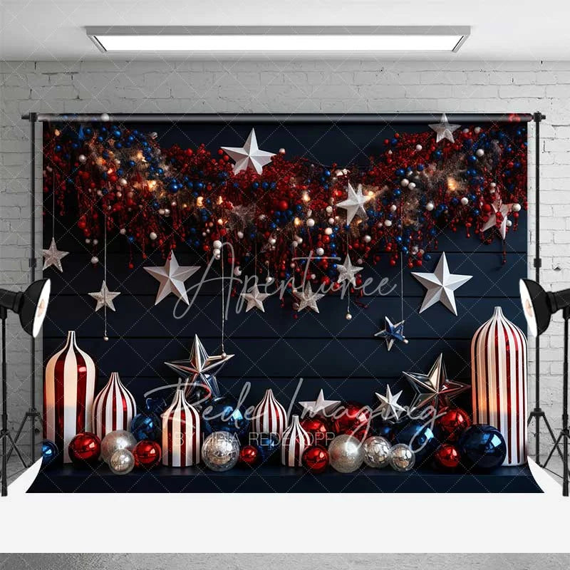Aperturee - Aperturee Navy Blue Holiday Backdrop Hanging Stars Red White Ornaments Striped Vases Photo Background