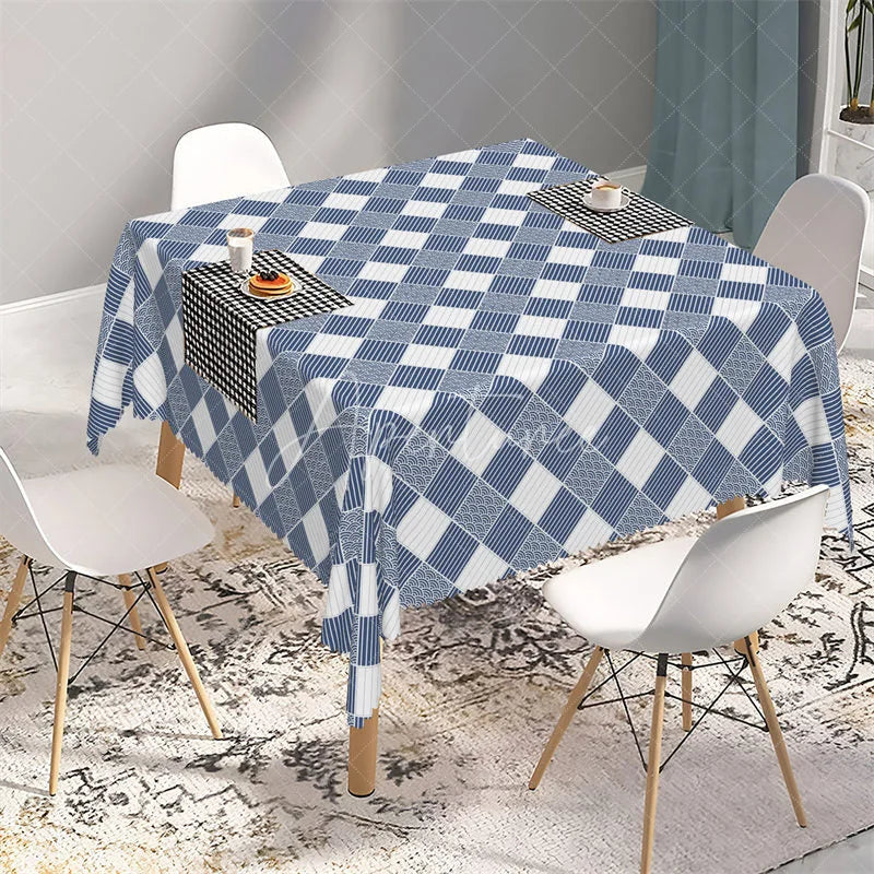 Aperturee - Aperturee Navy Blue Japanese Wave Checkered Rectangle Tablecloth Oriental Seigaiha Pattern Table Cover