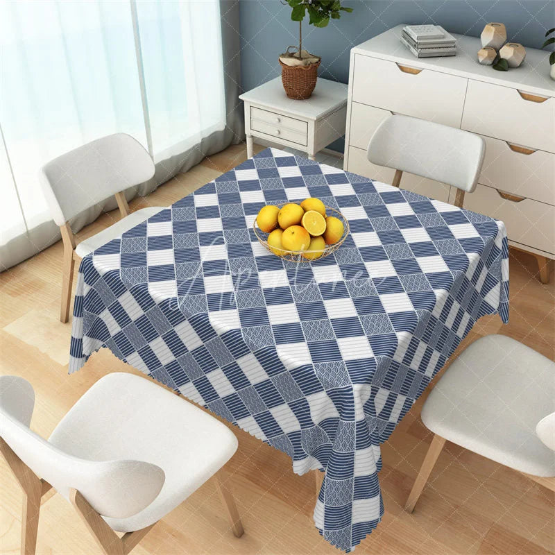 Aperturee - Aperturee Navy Blue Japanese Wave Checkered Rectangle Tablecloth Oriental Seigaiha Pattern Table Cover