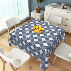 Aperturee - Aperturee Navy Blue Japanese Wave Checkered Rectangle Tablecloth Oriental Seigaiha Pattern Table Cover