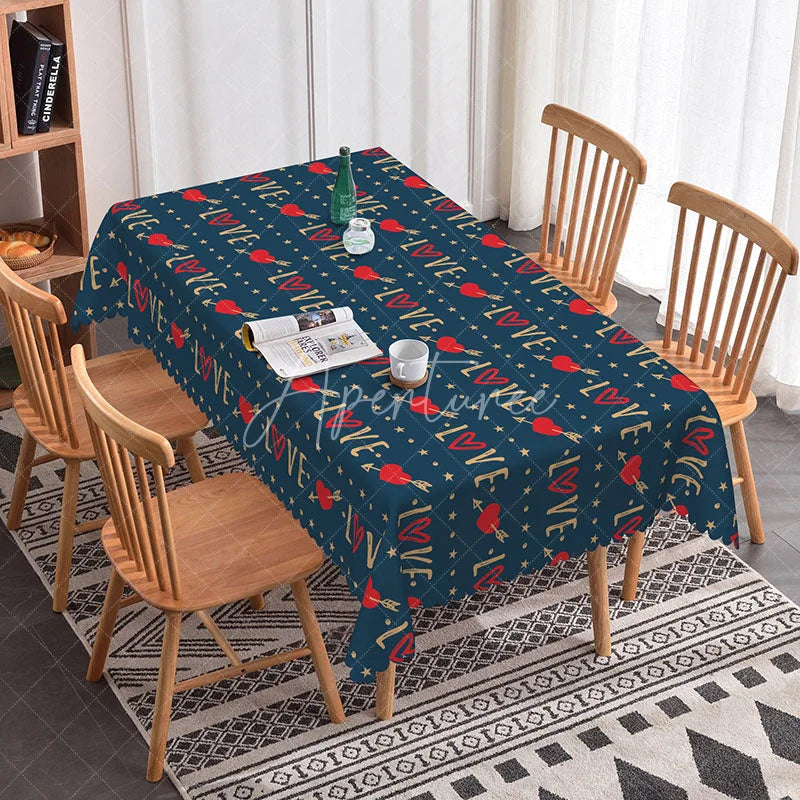 Aperturee - Aperturee Navy Blue Love Text Rectangle Tablecloth Gold Arrow and Red Heart Pattern Romantic Valentine Dinner Decor