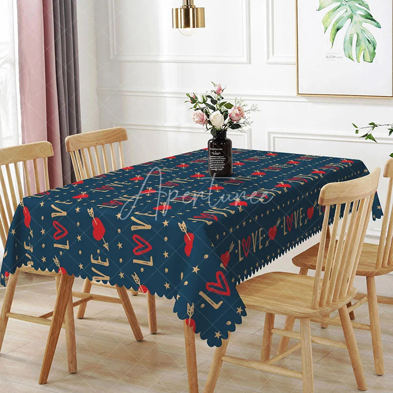 Aperturee - Aperturee Navy Blue Love Text Rectangle Tablecloth Gold Arrow and Red Heart Pattern Romantic Valentine Dinner Decor