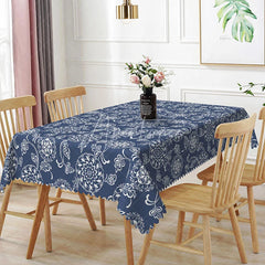Aperturee - Aperturee Navy Blue Mandala Floral Rectangle Tablecloth White Flower Dining Table Cover for Home Decor