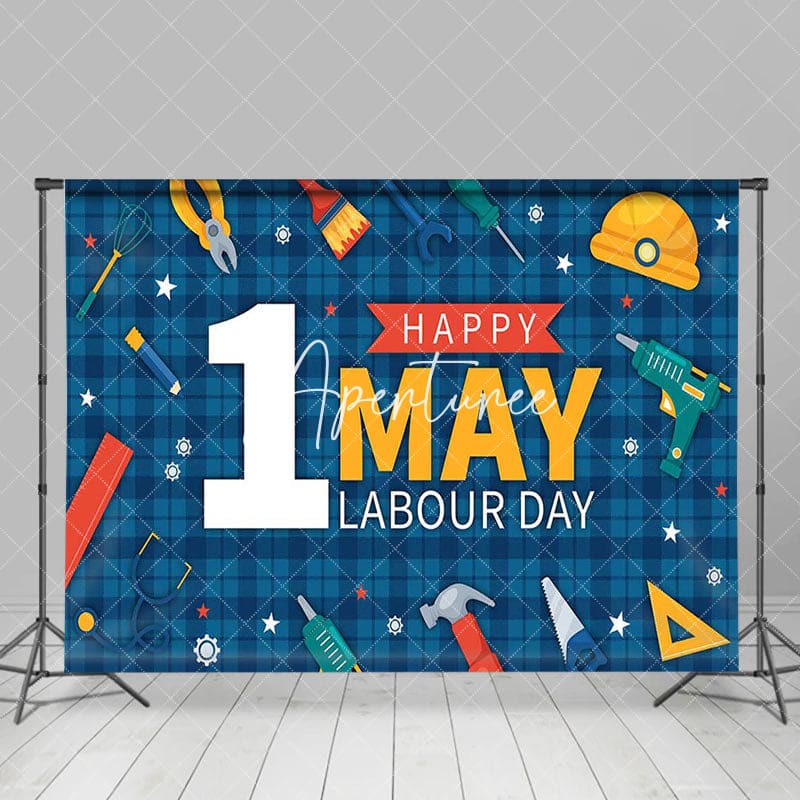 Aperturee - Aperturee Navy Blue Plaid 1st May Happy Labour Day Backdrop
